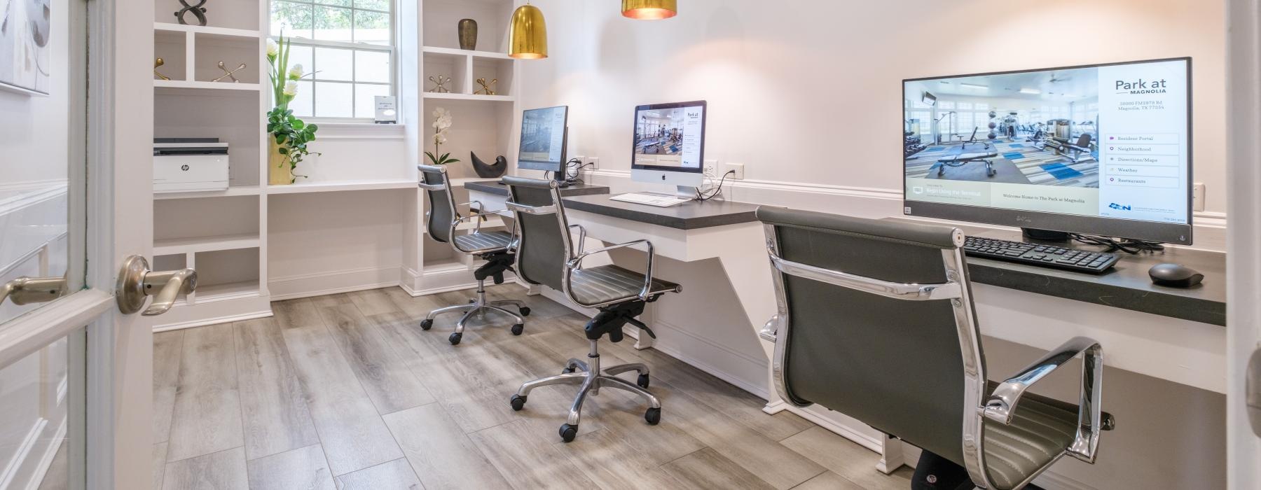 a room with desks and computers