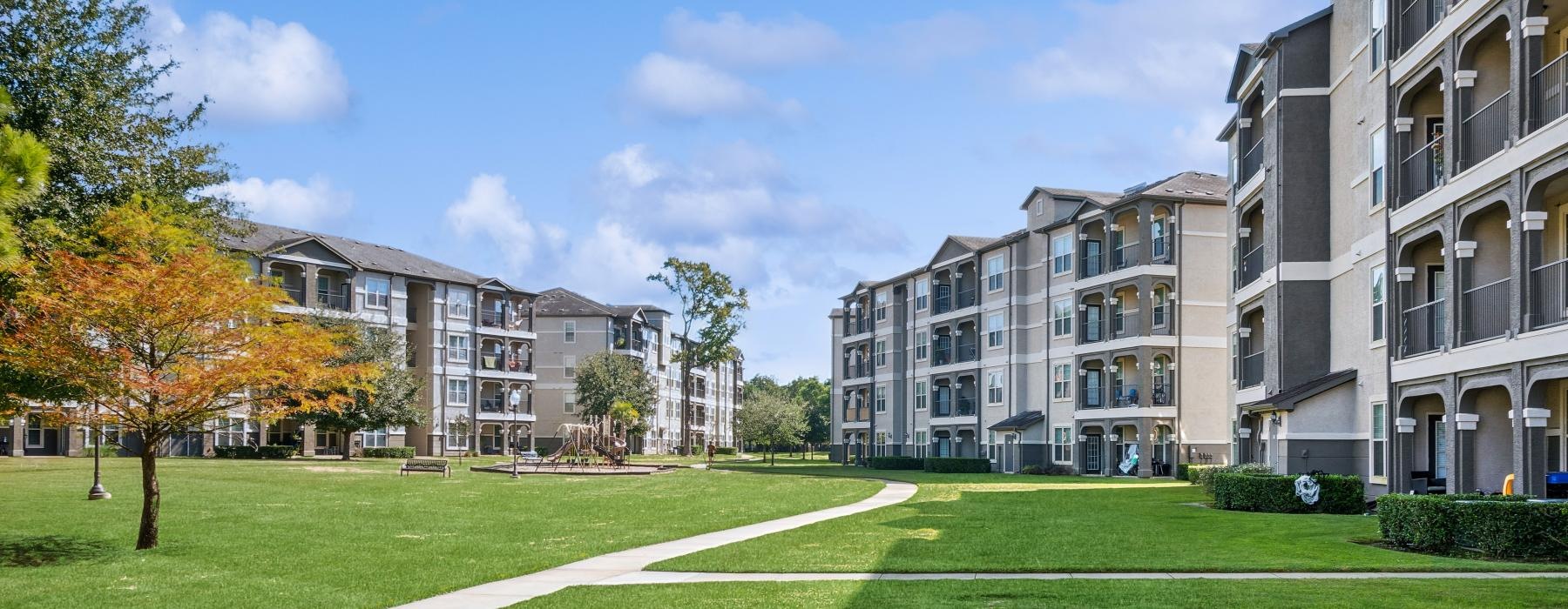 grassy courtyard with walking paths